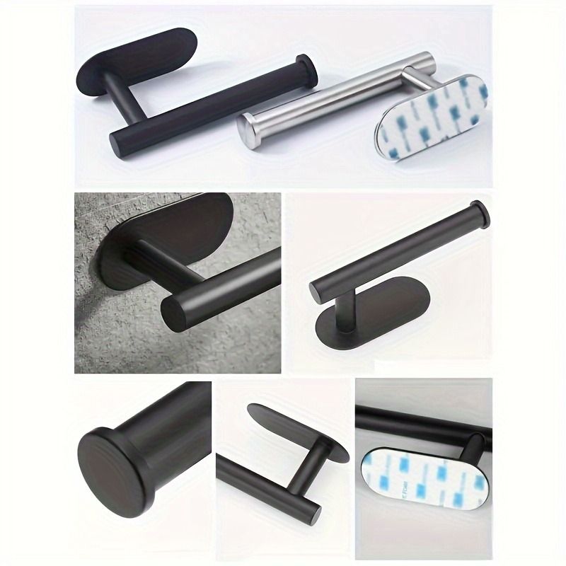 Self-Adhesive Toilet Paper Holder – Black Stainless Steel, Wall-Mounted Without Drilling, Rustproof Bathroom Tissue Holder for Toilet, Kitchen & Shower Towel Storage