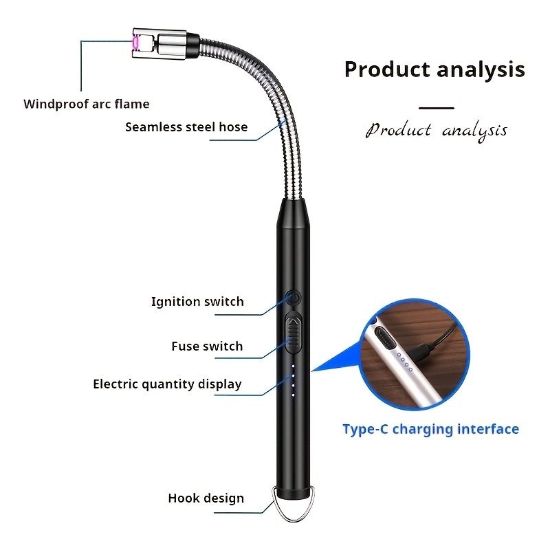 Candle Lighter USB Rechargeable Arc Plasma Igniter, Electric Long Match with LED Battery Display, 360° Flexible Neck, Windproof Flameless for Candles, BBQ, Camping, Gas Stove