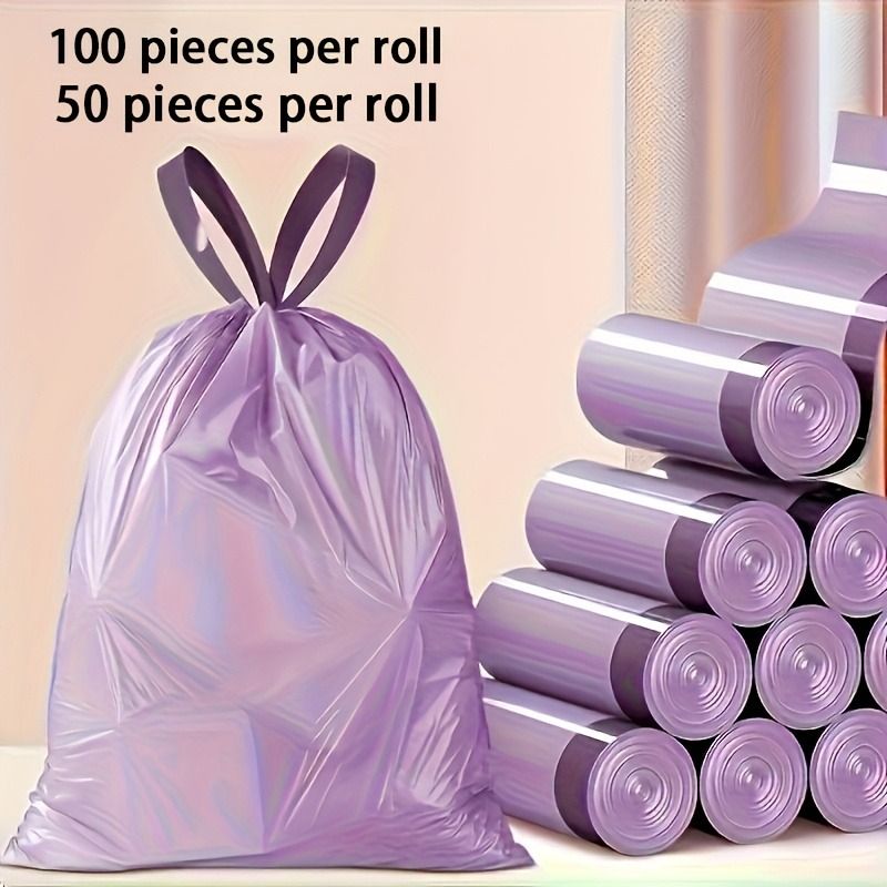 Roll of 100/50 Drawstring Purple Trash Bags – Heavy-Duty, Leak-Proof Garbage Bags for Kitchen, Bathroom, Bedroom & Living Room – Tear-Resistant Plastic Waste Bags for Home Use