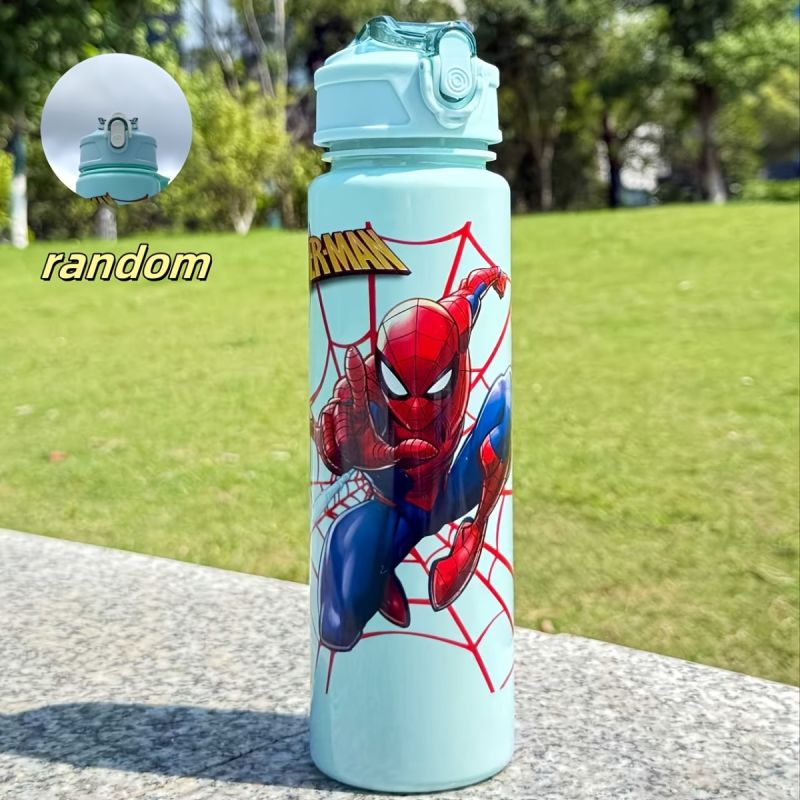 Marvel Spider-Man Sports Water Bottle 800ml – Leakproof Flip-Top with Straw, Transparent Cartoon Design, Portable Large Capacity Bottle for Kids & Adults, Outdoor Fitness Travel Gift