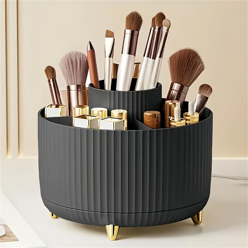 360° Rotating Makeup Organizer – 5-Compartment Cosmetic & Desk Storage Caddy, Durable Plastic, Luxury Stripe Design, Gold-Toned Accents, Brush & Skincare Holder