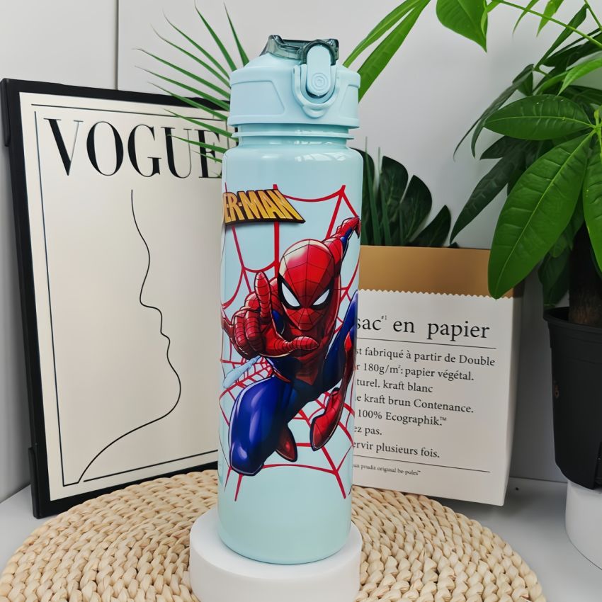 Marvel Spider-Man Sports Water Bottle 800ml – Leakproof Flip-Top with Straw, Transparent Cartoon Design, Portable Large Capacity Bottle for Kids & Adults, Outdoor Fitness Travel Gift
