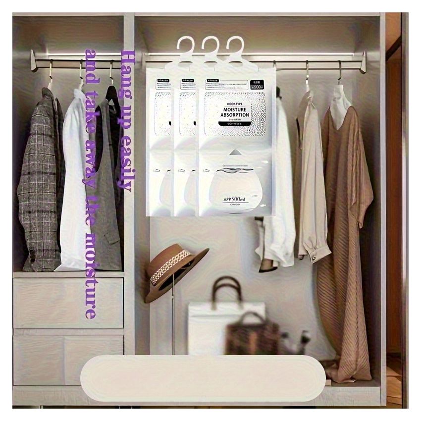 Hanging Moisture Absorbing Bags – 56.43oz Dehumidifier for Closet, Bedroom & Bathroom | No-Electric Humidity Absorber for Clothes & Wardrobe – Pack of 5 Large Desiccant Bags