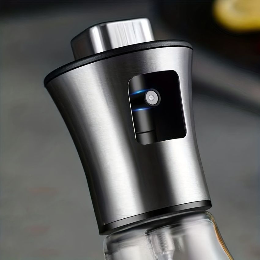 Stainless Steel & Glass Oil Spray Bottle 200ML– BPA-Free, Pressurized Sprayer for Cooking, Grilling & BBQ – Olive Oil Dispenser, Sleek Triangular Design – Eid Gift – Large Capacity