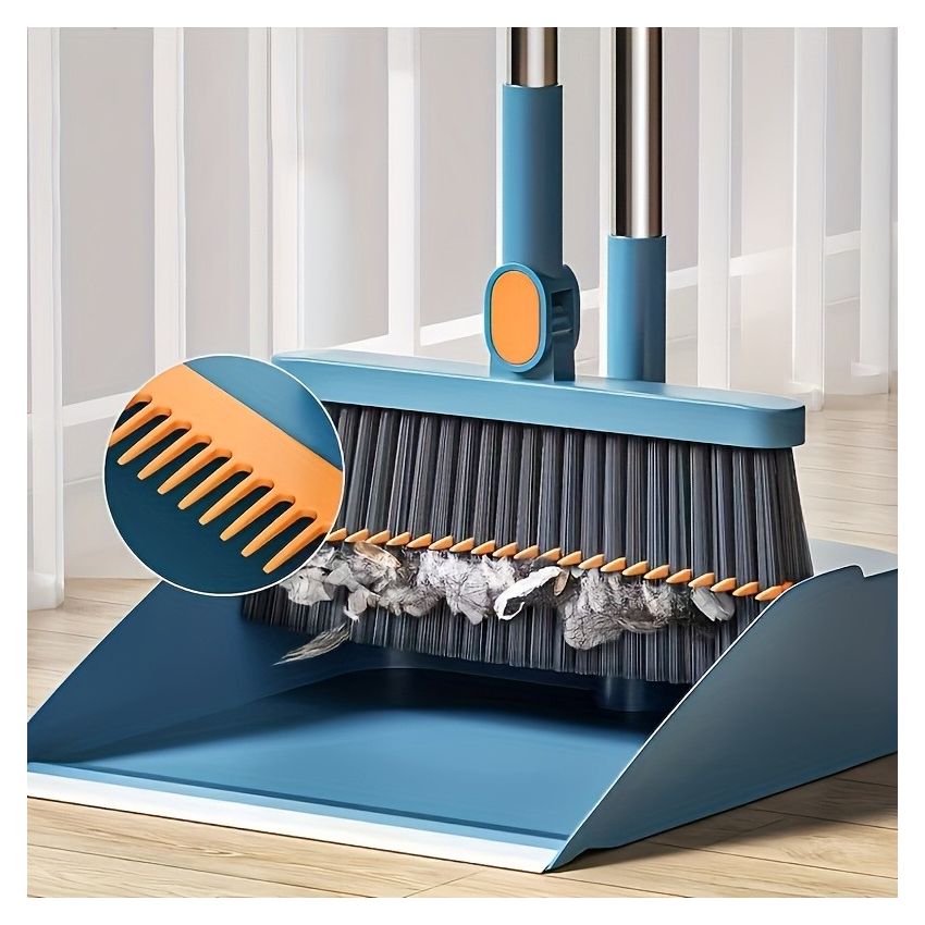Household Broom and Dustpan Set with Long Handle – Rotatable Broom with Comb Teeth for Easy Floor Sweeping – Cleaning Supplies for Home, Kitchen, Room, Office