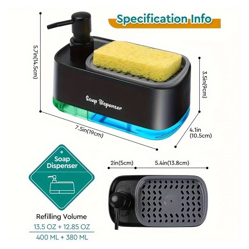 4-in-1 Dish Soap Dispenser Set with Sponge Holder – Leakproof, Battery-Free, Perfect Pump, Plastic Kitchen & Bathroom Soap Dispenser – Christmas/Halloween Gift Idea