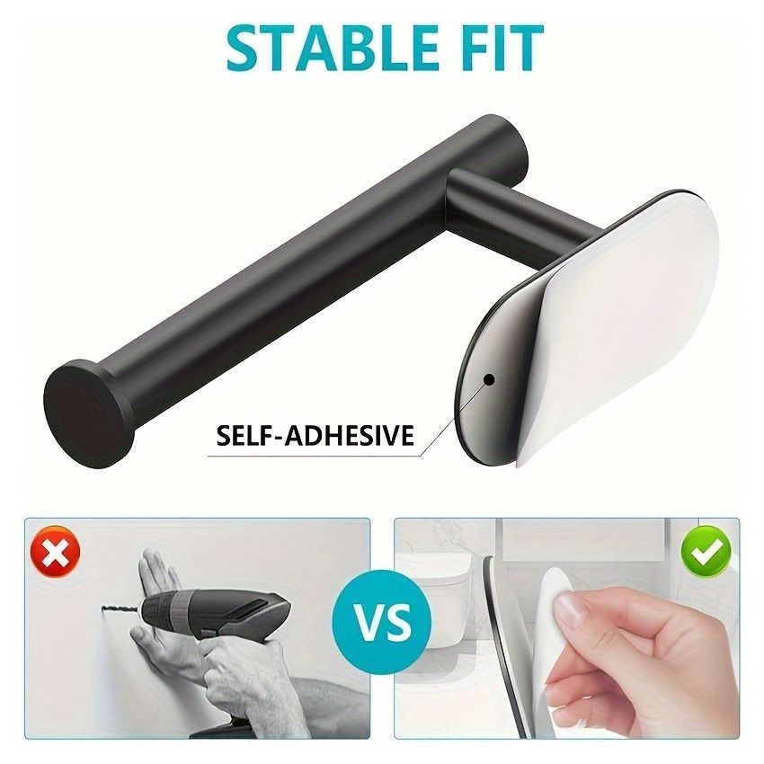 Self-Adhesive Toilet Paper Holder – Black Stainless Steel, Wall-Mounted Without Drilling, Rustproof Bathroom Tissue Holder for Toilet, Kitchen & Shower Towel Storage