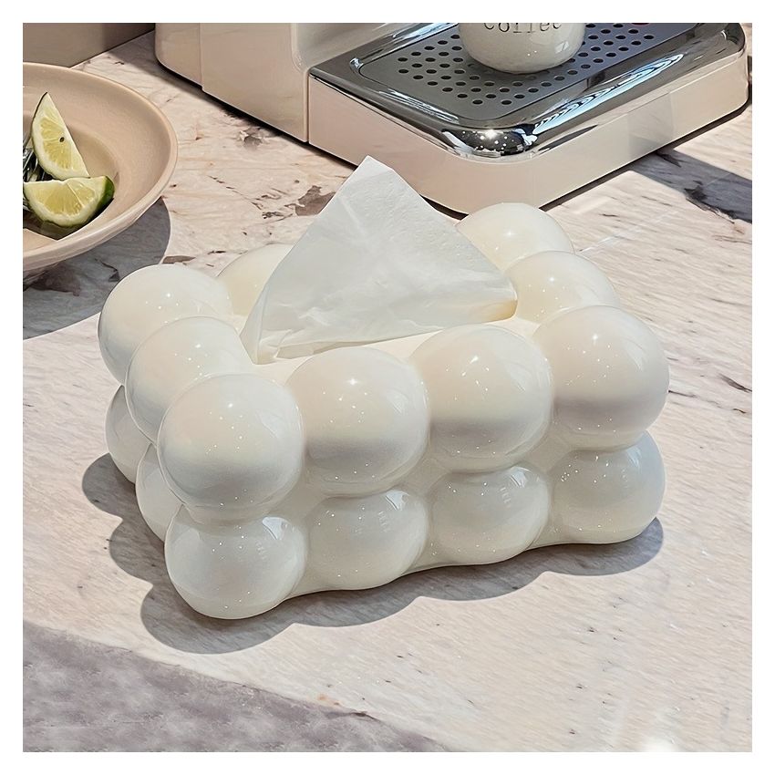 Cloud-Shaped Glossy Tissue Box – Milk White Bubble Design, Square Modern Home Decor for Living Room, Bedroom, Bathroom & Coffee Table – Durable Plastic Napkin Dispenser, Stylish & Functional