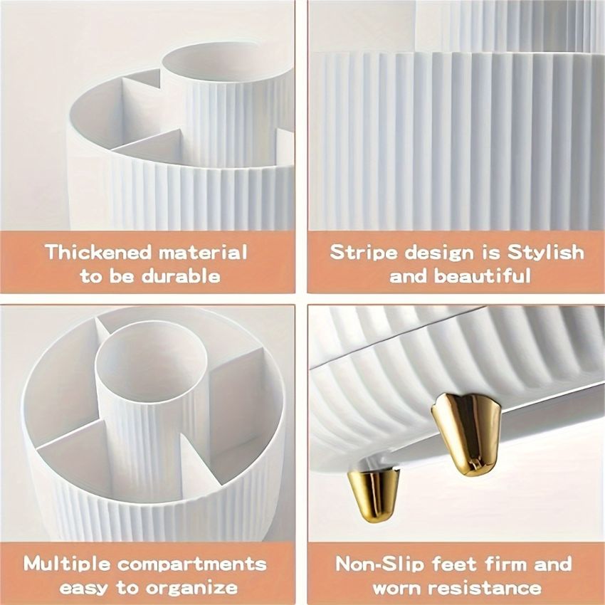 360° Rotating Makeup Organizer – 5-Compartment Cosmetic & Desk Storage Caddy, Durable Plastic, Luxury Stripe Design, Gold-Toned Accents, Brush & Skincare Holder