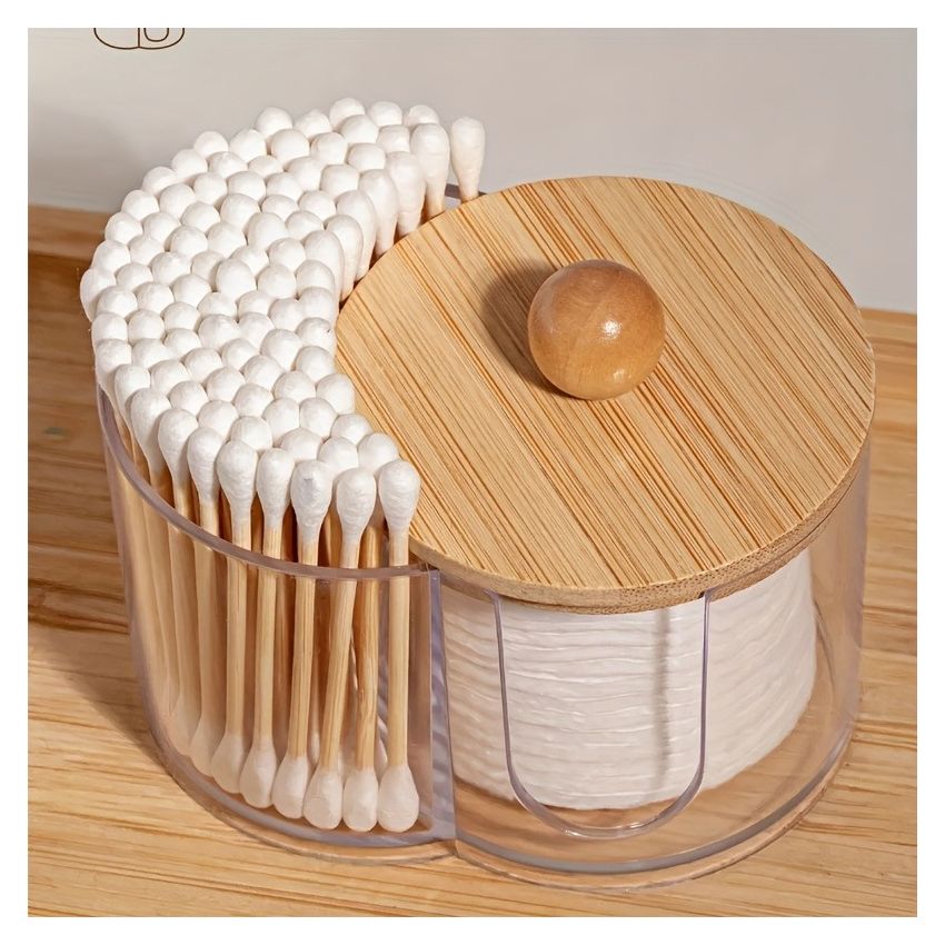 2-in-1 Cotton Swab & Makeup Pad Organizer with Wooden Lid – Dual Compartment Bathroom Storage for Buds, Pads & Beauty Blenders – Space-Saving Vanity Organizer, Clear Design