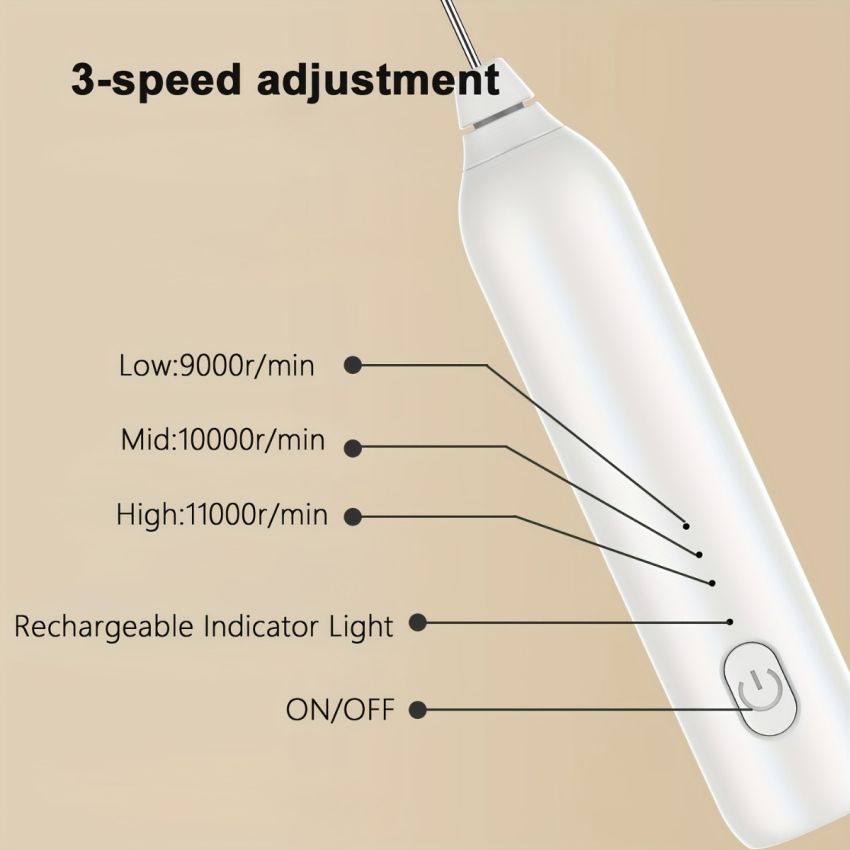 3-Speed Electric Milk Frother with Stainless Steel Whisk & Stand – USB Rechargeable 500mAh Battery, Portable Milk Frother for Coffee, Latte Art, Smoothies & Shakes