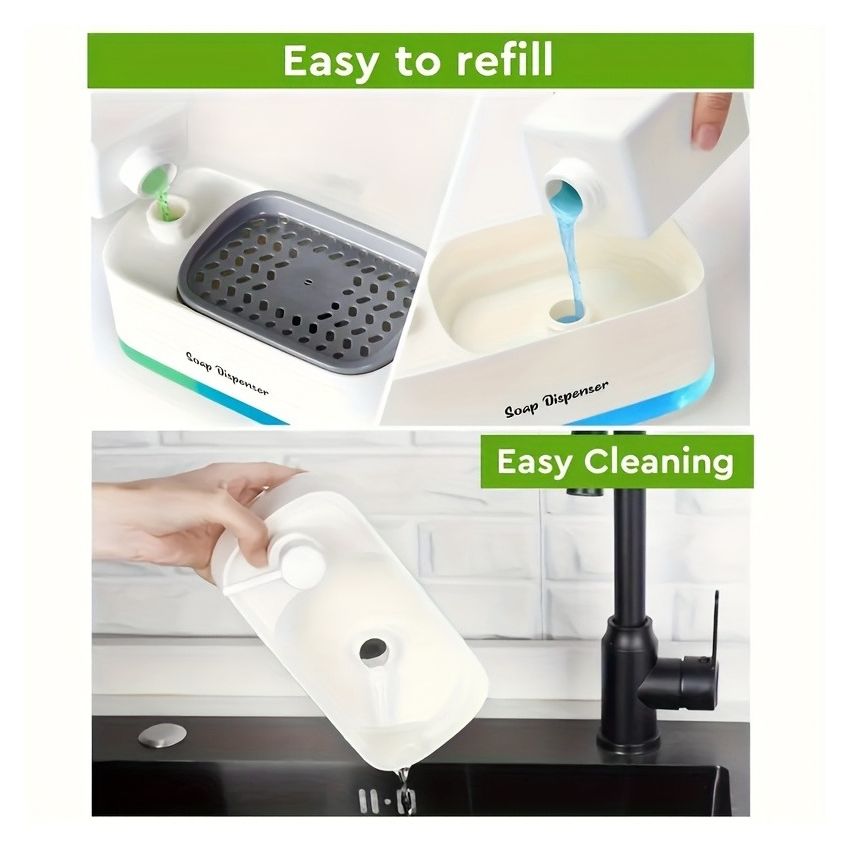 4-in-1 Dish Soap Dispenser Set with Sponge Holder – Leakproof, Battery-Free, Perfect Pump, Plastic Kitchen & Bathroom Soap Dispenser – Christmas/Halloween Gift Idea