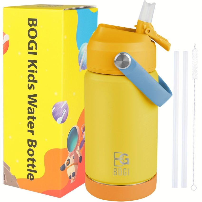 BOGI Kids Insulated Stainless Steel Water Bottle with Straw – 12oz/350ml Leak-Proof BPA-Free Reusable Bottle for School, Sports & Travel – Dishwasher Safe, Pink with Teal Accents