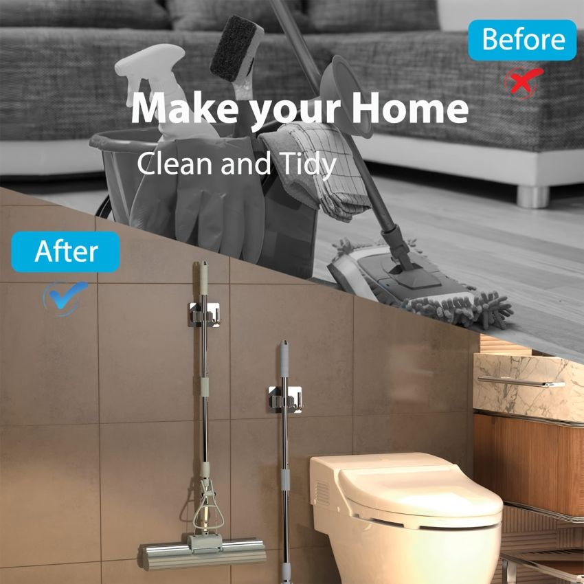 Organize Your Kitchen with this No-Drill SUS304 Stainless Steel Mop Broom Holder - Heavy Duty Wall Mount Hook Hanger Storage Rack for Home Garage Bathroom Cleaning Tools