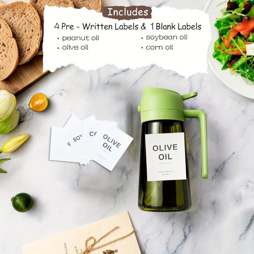 Dark Green Glass Olive Oil Sprayer Bottle 16oz (470ML) – 2-in-1 Oil Dispenser & Mister, BPA-Free, Light-Blocking, with Auto Flip Cap & Label Stickers for Air Fryer, BBQ, Cooking