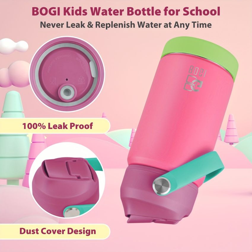 BOGI Kids Insulated Stainless Steel Water Bottle with Straw – 12oz/350ml Leak-Proof BPA-Free Reusable Bottle for School, Sports & Travel – Dishwasher Safe, Pink with Teal Accents