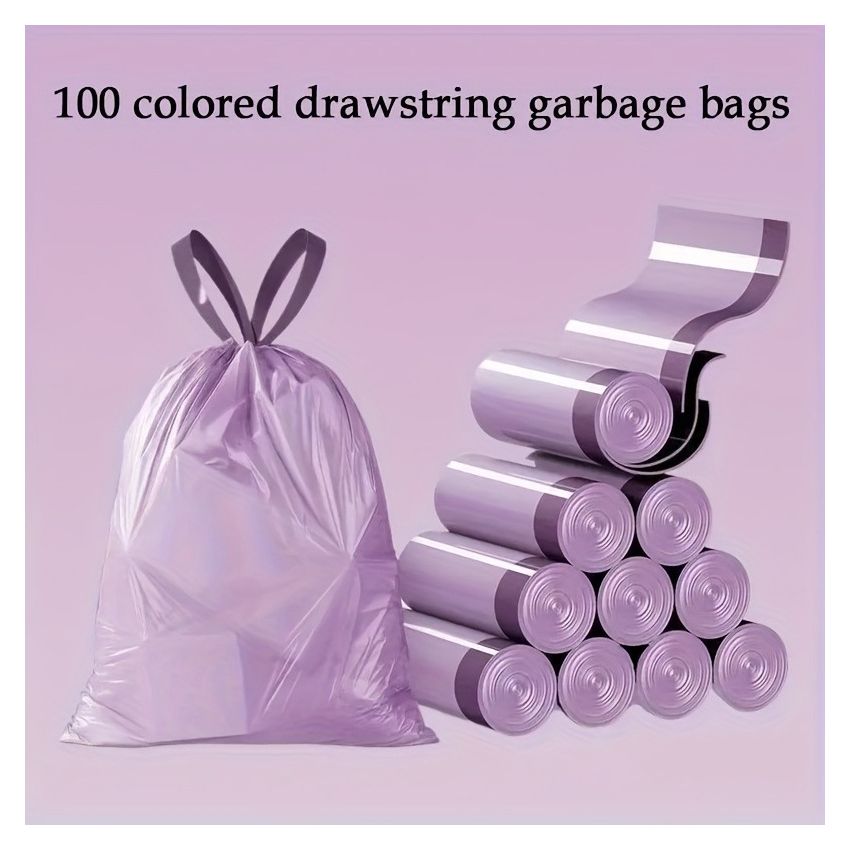 Roll of 100/50 Drawstring Purple Trash Bags – Heavy-Duty, Leak-Proof Garbage Bags for Kitchen, Bathroom, Bedroom & Living Room – Tear-Resistant Plastic Waste Bags for Home Use