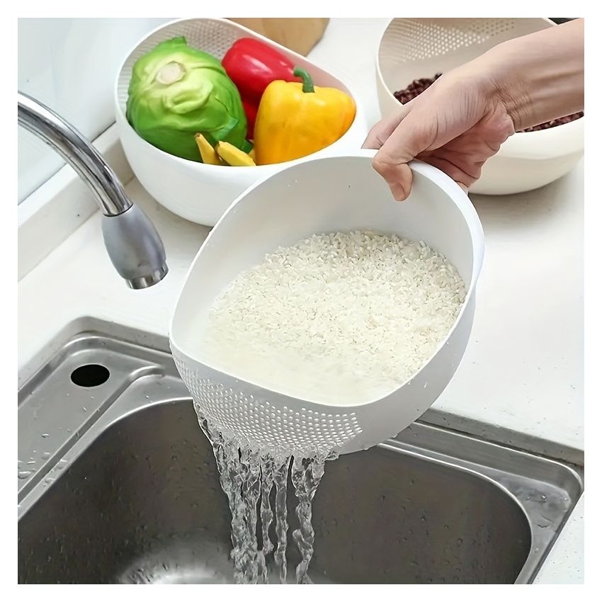 Versatile Plastic Bowl with Strainer – Multi-Functional Kitchenware for Washing Rice, Fruits & Vegetables – Durable, Easy to Use, No Power Required – Dormitory & Home Essentials