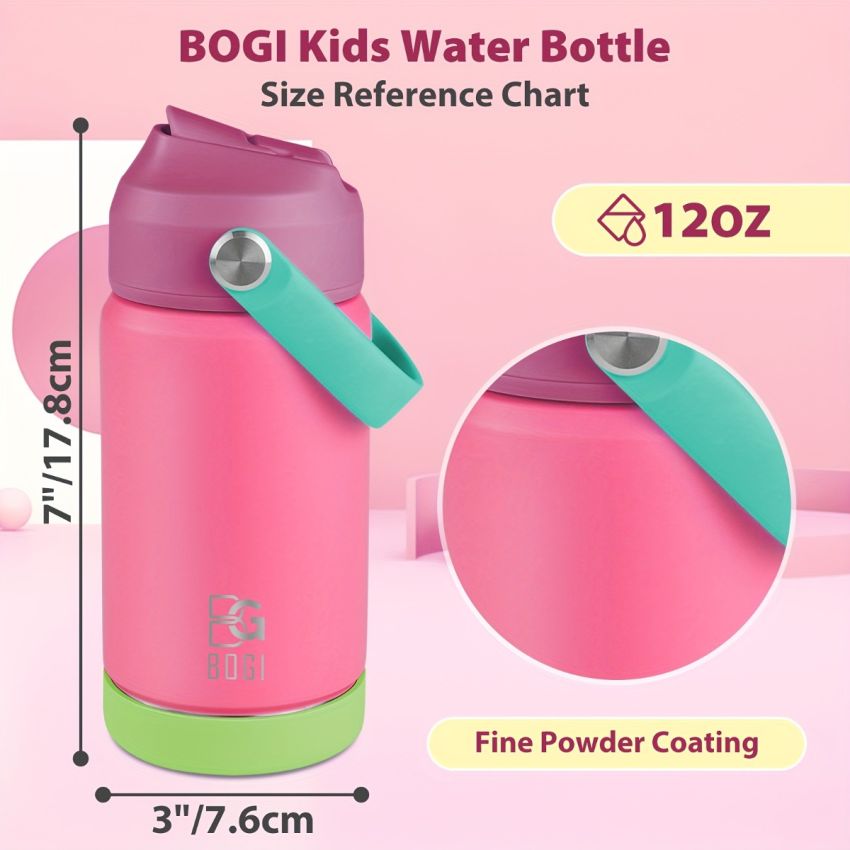 BOGI Kids Insulated Stainless Steel Water Bottle with Straw – 12oz/350ml Leak-Proof BPA-Free Reusable Bottle for School, Sports & Travel – Dishwasher Safe, Pink with Teal Accents