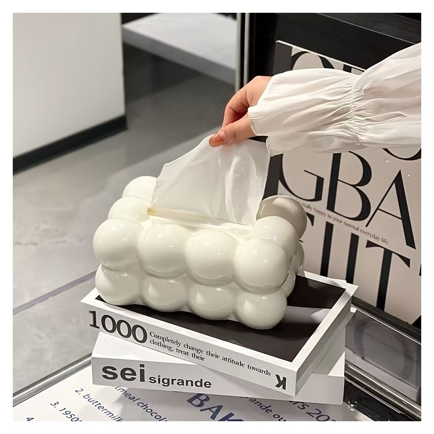 Cloud-Shaped Glossy Tissue Box – Milk White Bubble Design, Square Modern Home Decor for Living Room, Bedroom, Bathroom & Coffee Table – Durable Plastic Napkin Dispenser, Stylish & Functional