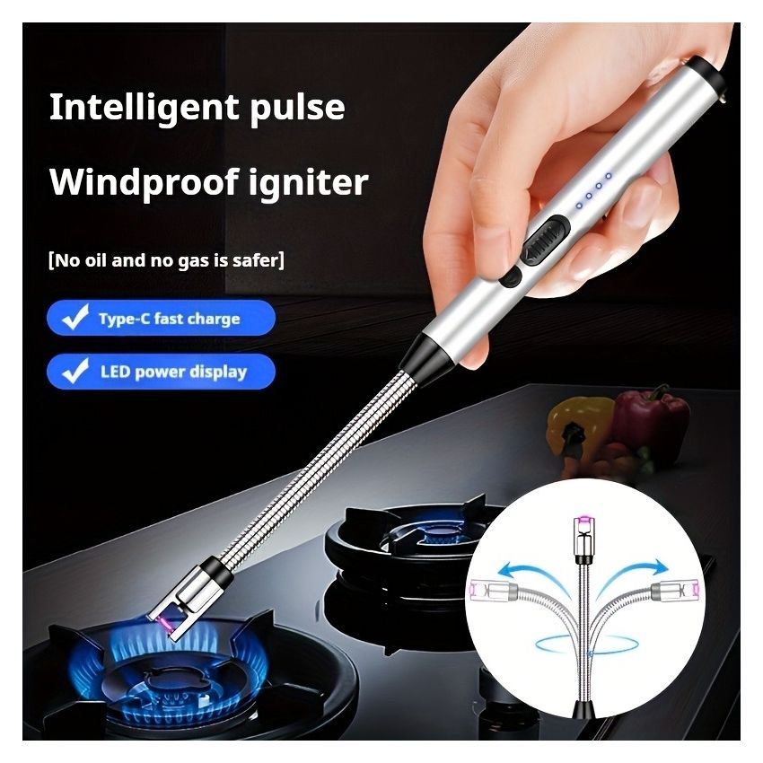 Candle Lighter USB Rechargeable Arc Plasma Igniter, Electric Long Match with LED Battery Display, 360° Flexible Neck, Windproof Flameless for Candles, BBQ, Camping, Gas Stove