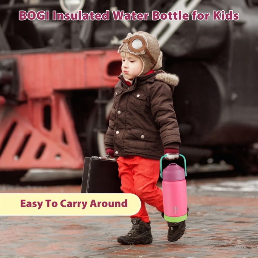 BOGI Kids Insulated Stainless Steel Water Bottle with Straw – 12oz/350ml Leak-Proof BPA-Free Reusable Bottle for School, Sports & Travel – Dishwasher Safe, Pink with Teal Accents