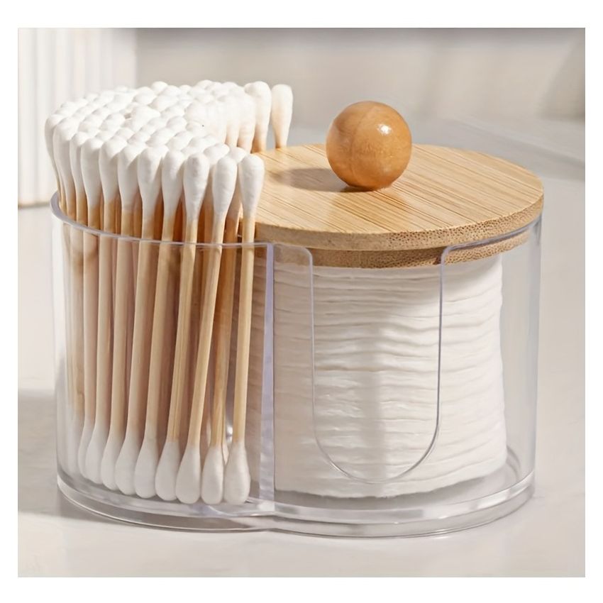 2-in-1 Cotton Swab & Makeup Pad Organizer with Wooden Lid – Dual Compartment Bathroom Storage for Buds, Pads & Beauty Blenders – Space-Saving Vanity Organizer, Clear Design
