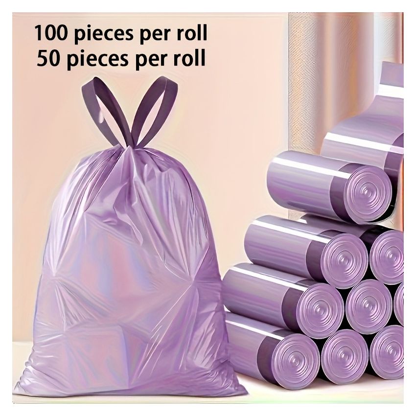 Roll of 100/50 Drawstring Purple Trash Bags – Heavy-Duty, Leak-Proof Garbage Bags for Kitchen, Bathroom, Bedroom & Living Room – Tear-Resistant Plastic Waste Bags for Home Use