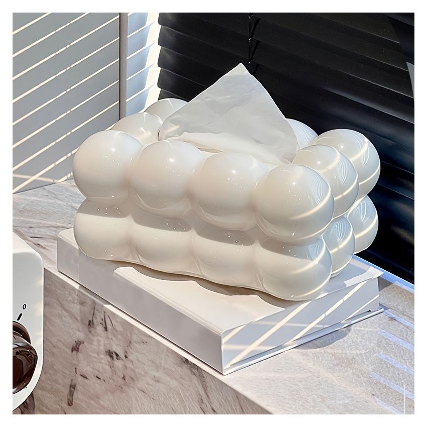 Cloud-Shaped Glossy Tissue Box – Milk White Bubble Design, Square Modern Home Decor for Living Room, Bedroom, Bathroom & Coffee Table – Durable Plastic Napkin Dispenser, Stylish & Functional