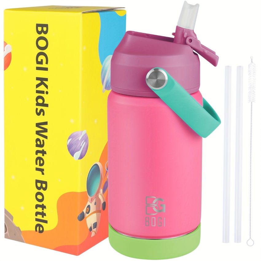 BOGI Kids Insulated Stainless Steel Water Bottle with Straw – 12oz/350ml Leak-Proof BPA-Free Reusable Bottle for School, Sports & Travel – Dishwasher Safe, Pink with Teal Accents