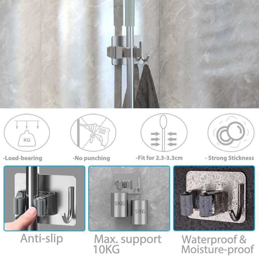 Organize Your Kitchen with this No-Drill SUS304 Stainless Steel Mop Broom Holder - Heavy Duty Wall Mount Hook Hanger Storage Rack for Home Garage Bathroom Cleaning Tools