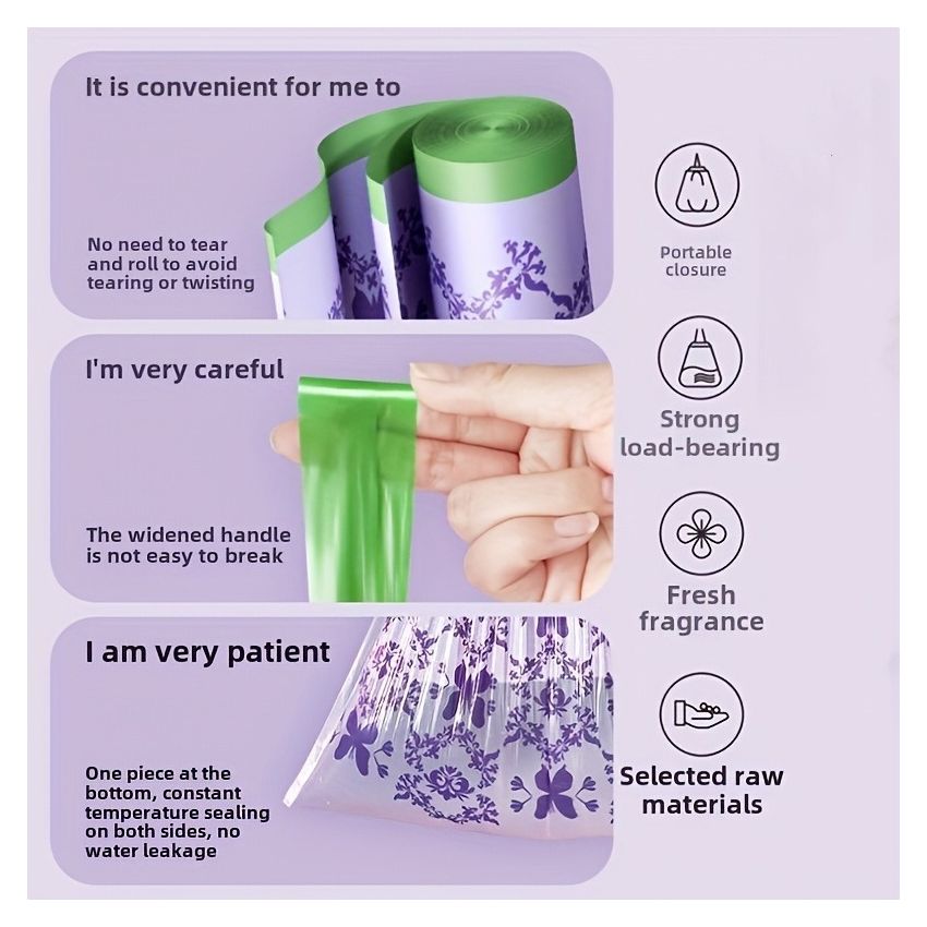 100-Pack Lavender Scented Drawstring Trash Bags – Large, Thick, Tear-Resistant, Floral Design, Multipurpose Disposable Bags for Kitchen, Bathroom, Bedroom, Living Room & Toilet