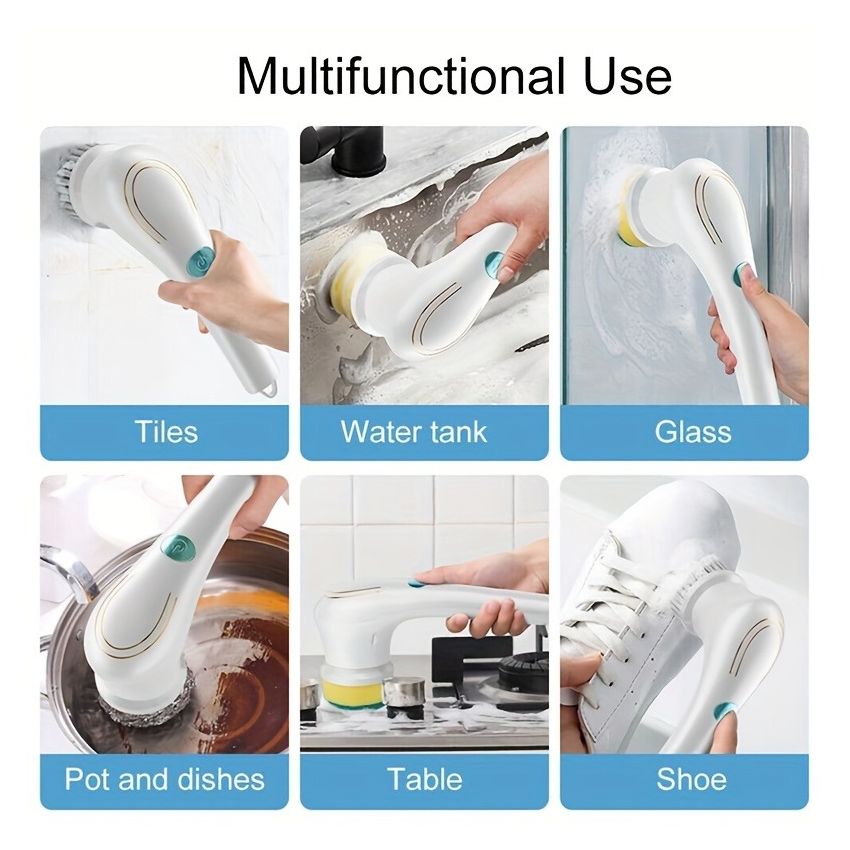 Cordless Electric Rotary Scrubber with 5 Replaceable Brush Heads – Handheld, USB Rechargeable Cleaning Tool for Bathroom, Kitchen, Tile & Floor