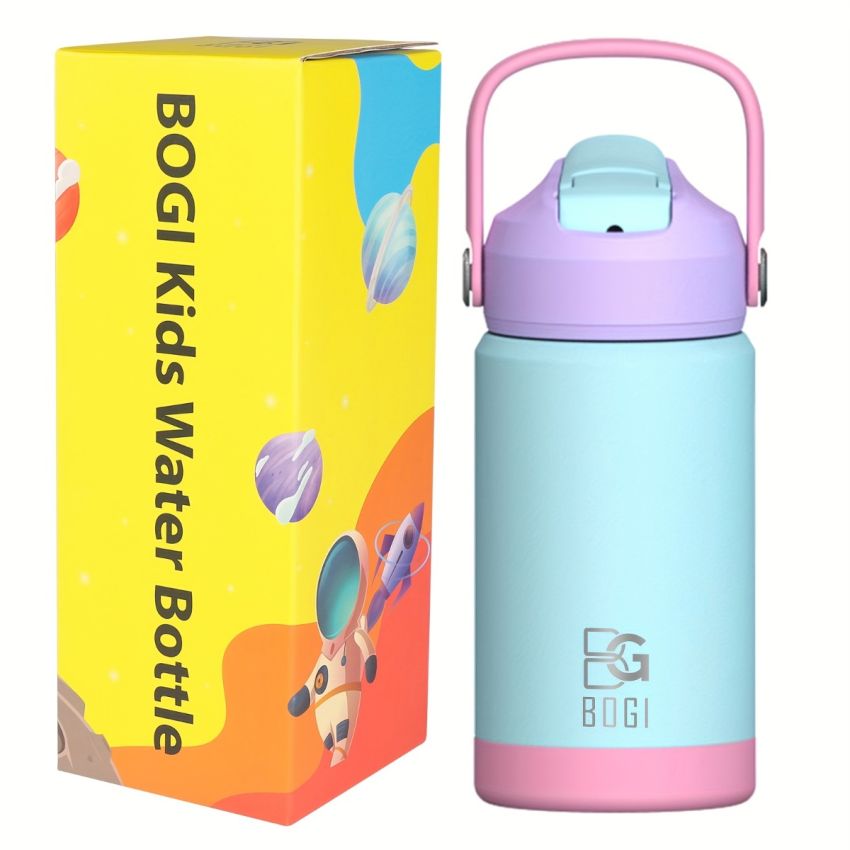 BOGI Kids Insulated Stainless Steel Water Bottle with Straw – 12oz/350ml Leak-Proof BPA-Free Reusable Bottle for School, Sports & Travel – Dishwasher Safe, Pink with Teal Accents