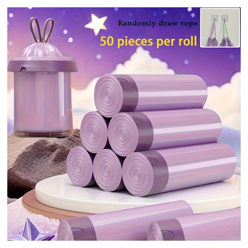 Roll of 100/50 Drawstring Purple Trash Bags – Heavy-Duty, Leak-Proof Garbage Bags for Kitchen, Bathroom, Bedroom & Living Room – Tear-Resistant Plastic Waste Bags for Home Use
