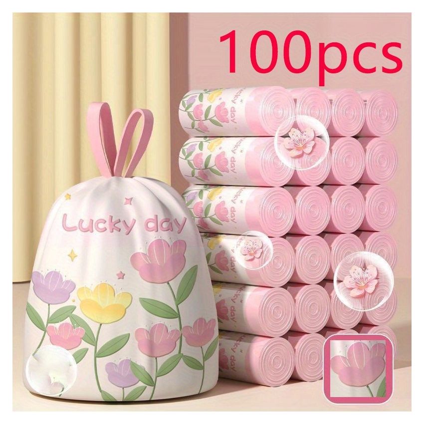 100-Pack Lavender Scented Drawstring Trash Bags – Large, Thick, Tear-Resistant, Floral Design, Multipurpose Disposable Bags for Kitchen, Bathroom, Bedroom, Living Room & Toilet