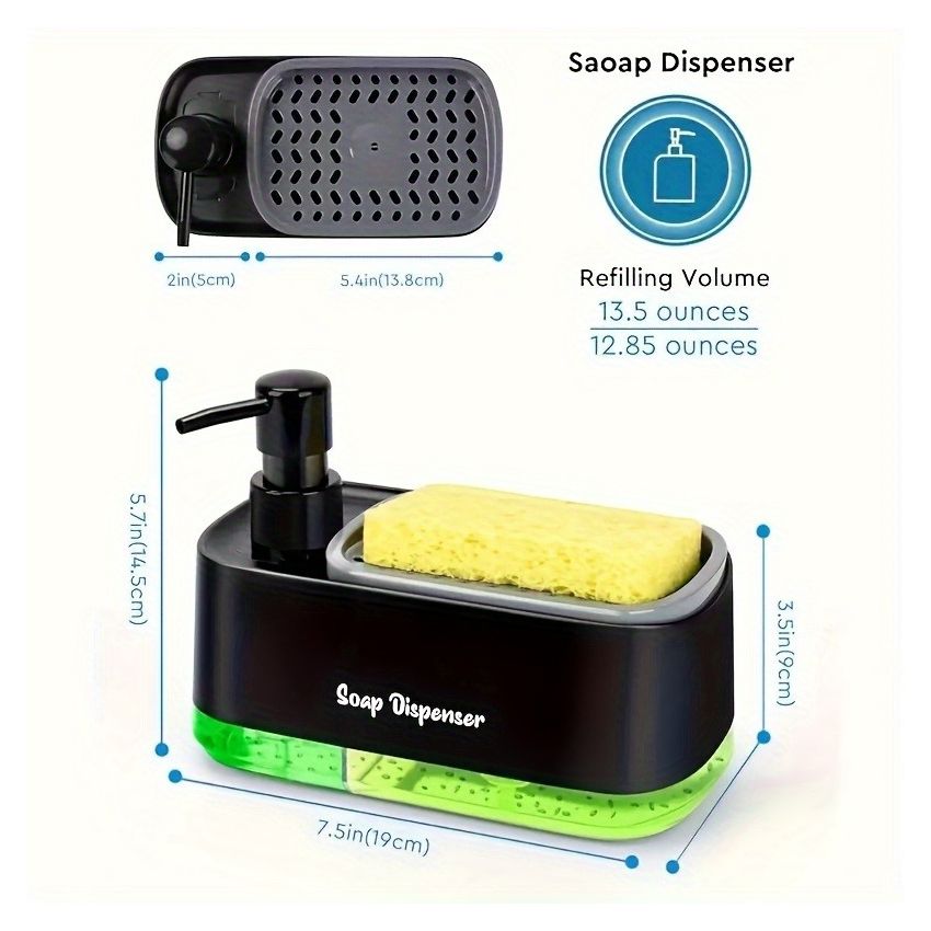 4-in-1 Dish Soap Dispenser Set with Sponge Holder – Leakproof, Battery-Free, Perfect Pump, Plastic Kitchen & Bathroom Soap Dispenser – Christmas/Halloween Gift Idea