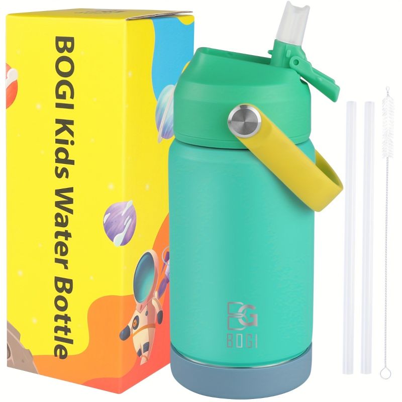 BOGI Kids Insulated Stainless Steel Water Bottle with Straw – 12oz/350ml Leak-Proof BPA-Free Reusable Bottle for School, Sports & Travel – Dishwasher Safe, Pink with Teal Accents