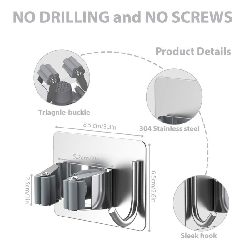 Organize Your Kitchen with this No-Drill SUS304 Stainless Steel Mop Broom Holder - Heavy Duty Wall Mount Hook Hanger Storage Rack for Home Garage Bathroom Cleaning Tools